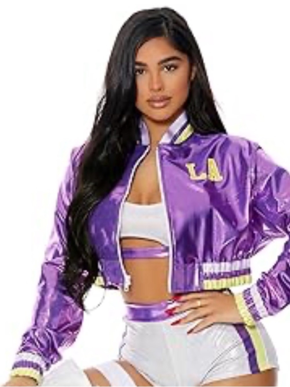 NWT Forplay Purple Satin LA Cropped Varsity Jacket with Yellow Trim